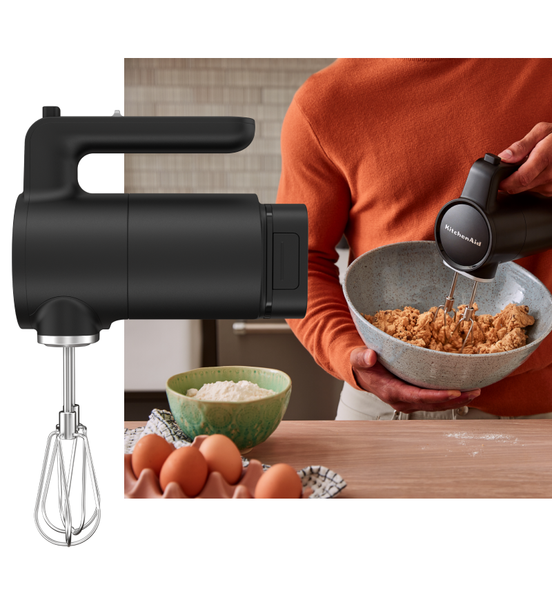  KitchenAid Go™ Cordless Hand Mixer and a person using the hand mixer to mix cookie dough.