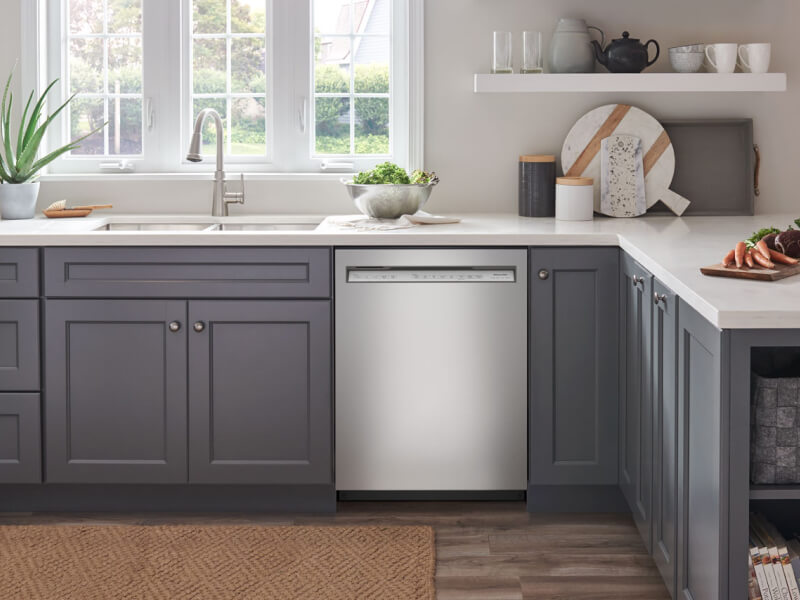 Stainless steel KitchenAid® dishwasher in a modern kitchen 