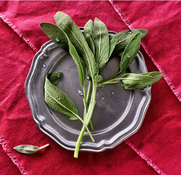 A silver plate of sage on top of a fuchsia tablecloth.