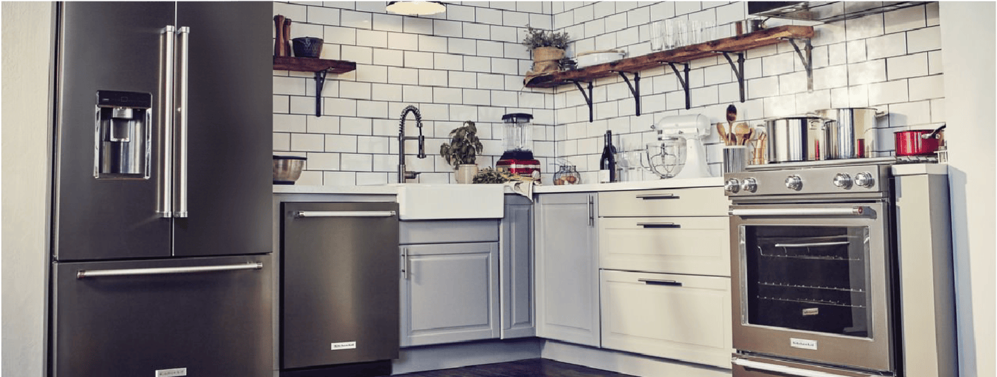 A beautifully decorated kitchen, stocked with an assortment of KitchenAid products