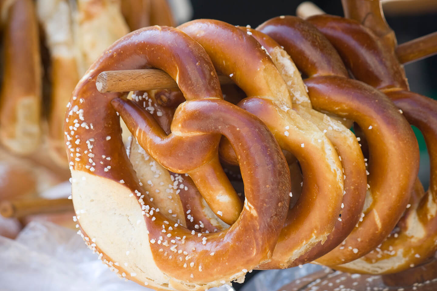 Freshly made pretzels sprinkled with coarse salt.