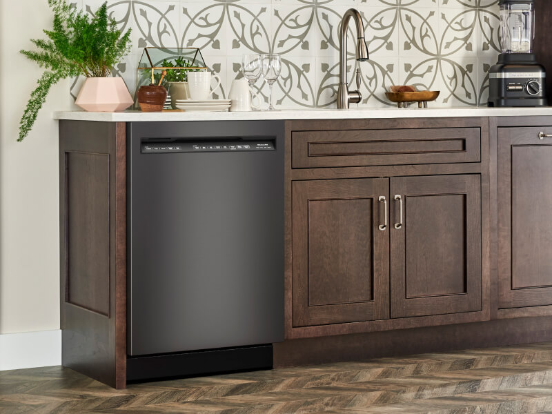 Black front control dishwasher in a modern kitchen