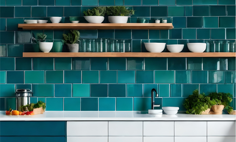 A modern kitchen with open shelving and a multi-hued blue backsplash. 