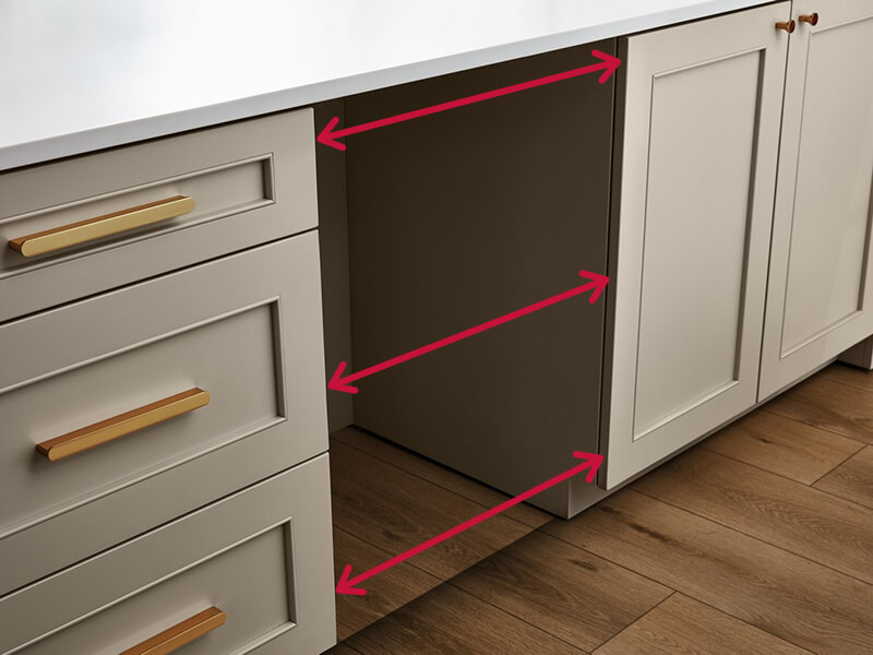 An empty space where a beverage center would fit with three red arrows showing locations to measure opening width