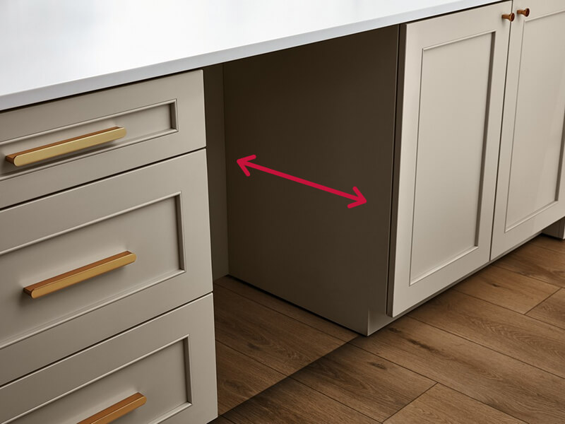 An empty space where a beverage center would fit and a red arrow indicating where to measure opening depth