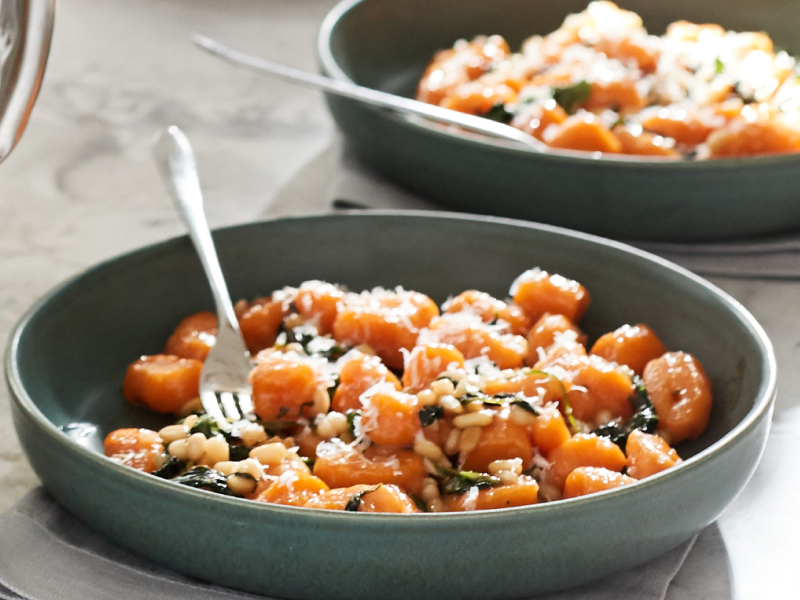 Potato gnocchi in blue bowl 