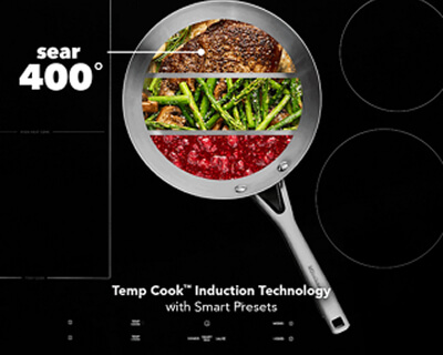 Infographic showing food searing with KitchenAid® Temp Cook Induction Technology with Smart Presets