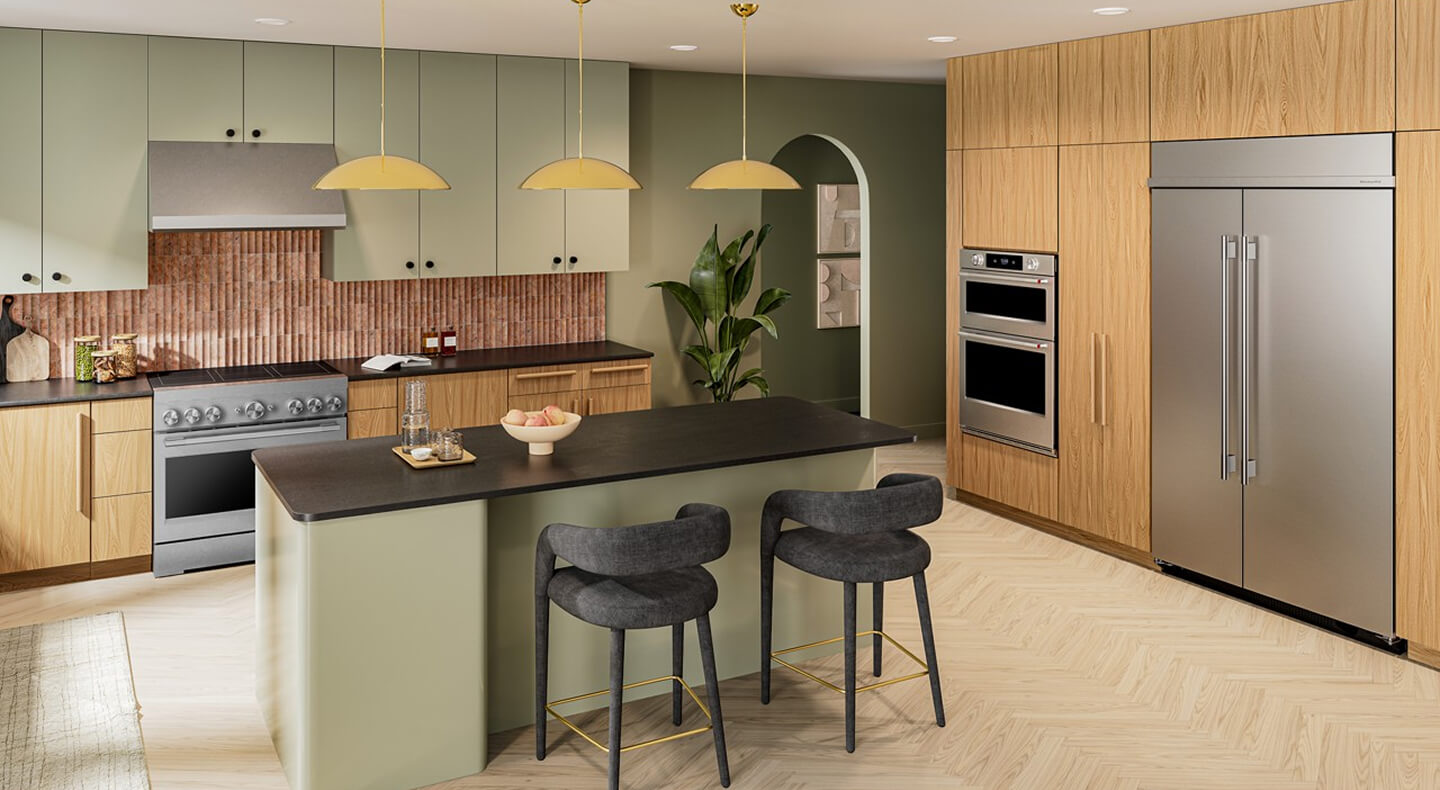 KitchenAid® stainless steel suite of appliances in a kitchen with neutral colors
