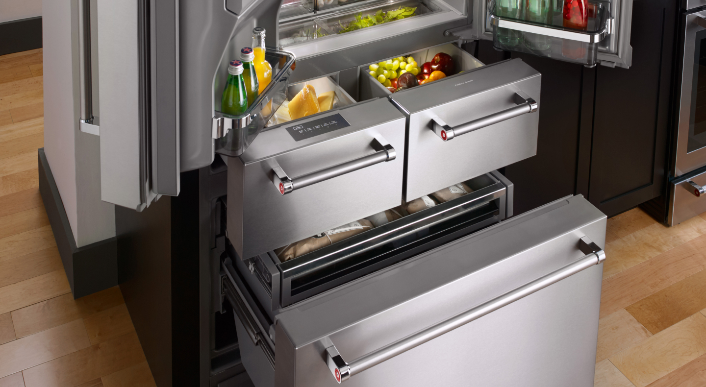 Open refrigerator and freezer drawer