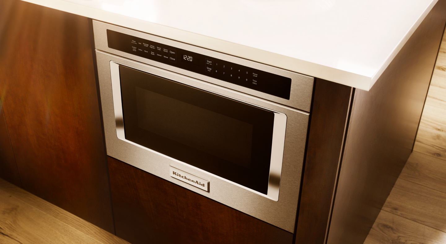 A KitchenAid® microwave drawer installed below the countertop