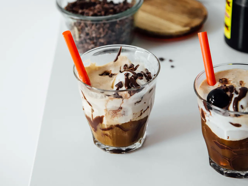 Homemade frappe topped with chocolate sauce