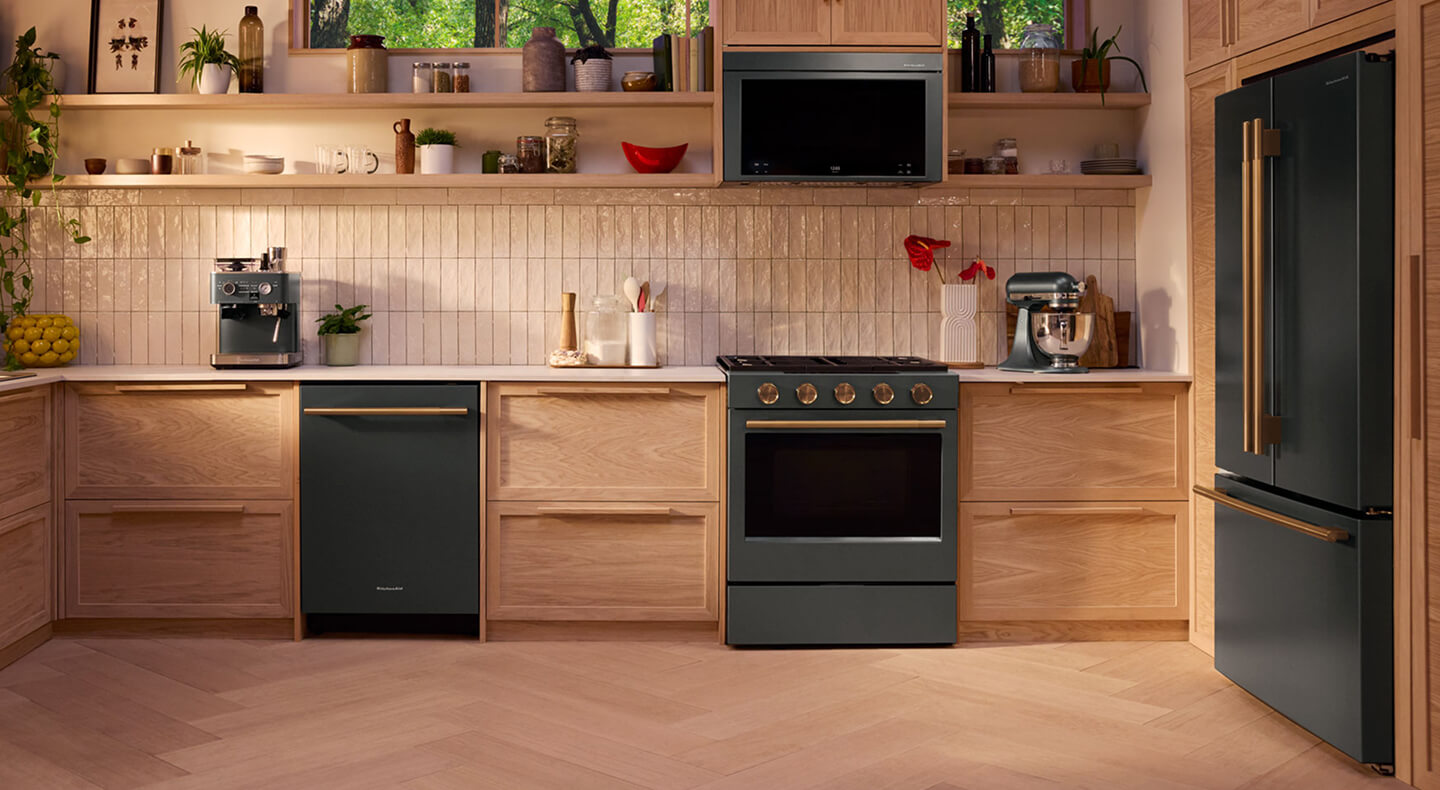 KitchenAid® appliances in a kitchen with light brown cabinets