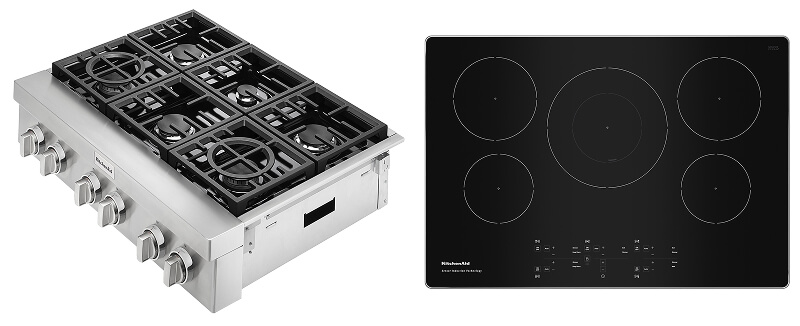 A side-view of a stainless steel KitchenAid® rangetop. A top-view of a black KitchenAid® cooktop