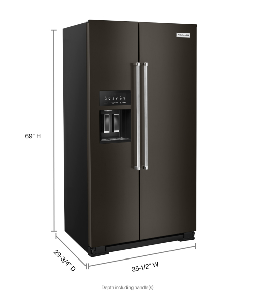 Black stainless KitchenAid® side-by-side refrigerator with dimensions indicators