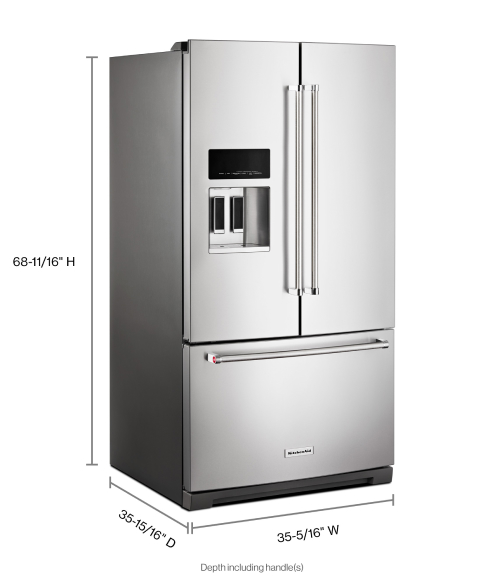 Stainless steel KitchenAid® French door refrigerator with dimension indicators