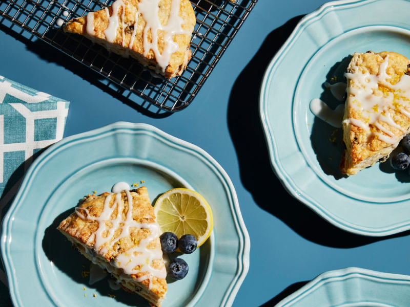 Lemon blueberry scone on plate.