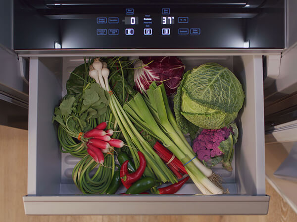 Bird’s-eye view of fresh vegetables in a pull-out refrigerator drawer