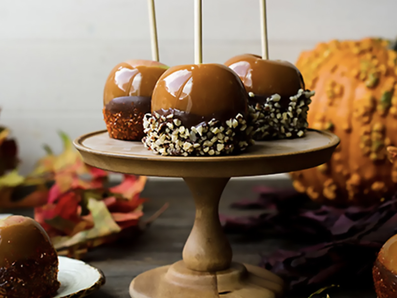 Caramel apples dipped in chocolate and chopped nuts