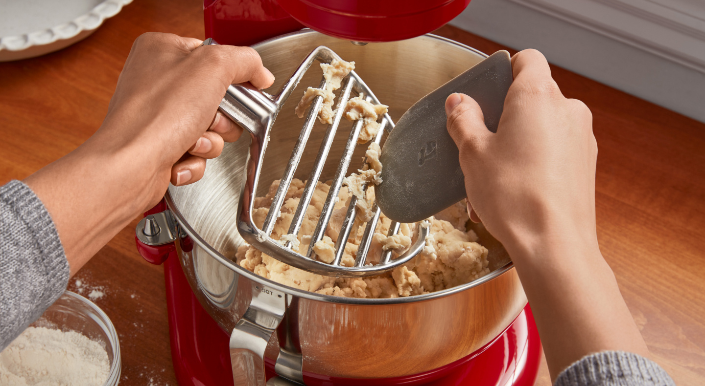 Black KitchenAid® Stand Mixer tilted up with pastry blender attachment 