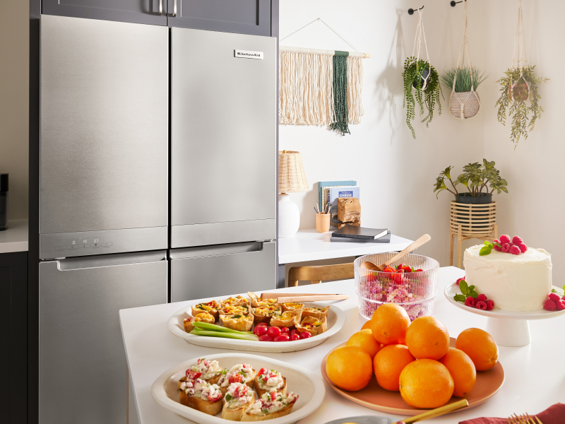 A KitchenAid® refrigerator in a modern kitchen.