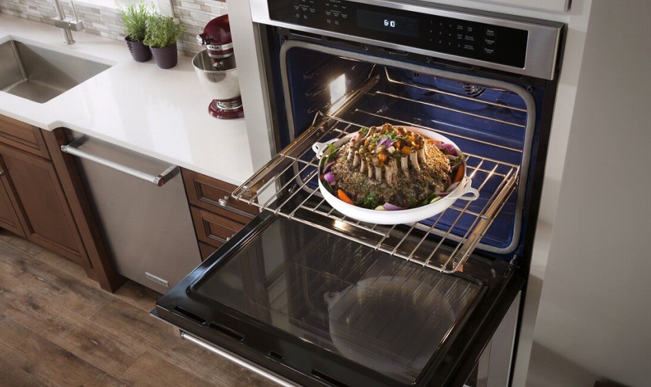Rack of lamb shown in an open oven