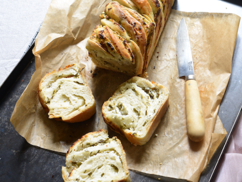 Sliced babka on parchment paper 