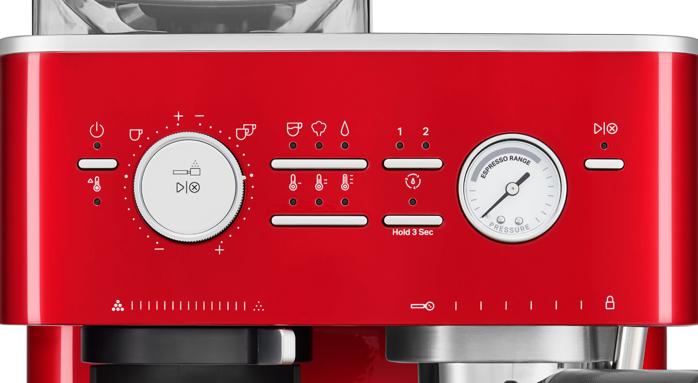 Closeup of a red KitchenAid® semi-automatic espresso machine