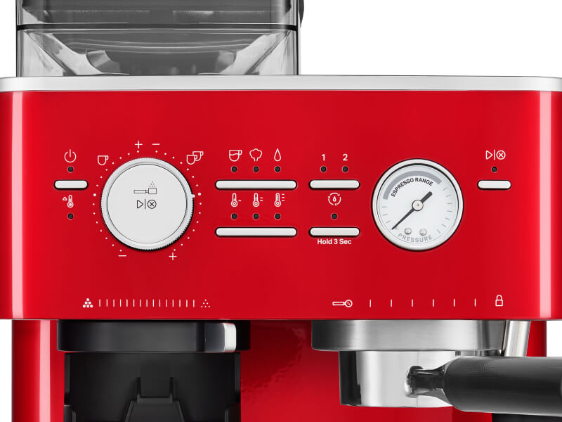 Closeup of a red KitchenAid® semi-automatic espresso machine