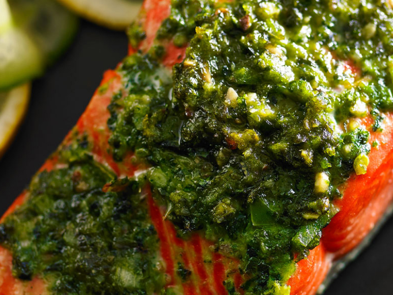 Roasted salmon topped with homemade pesto