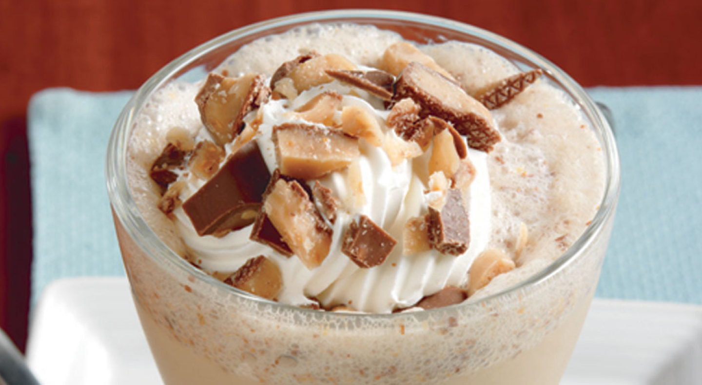 Frozen coffee topped with toffee pieces
