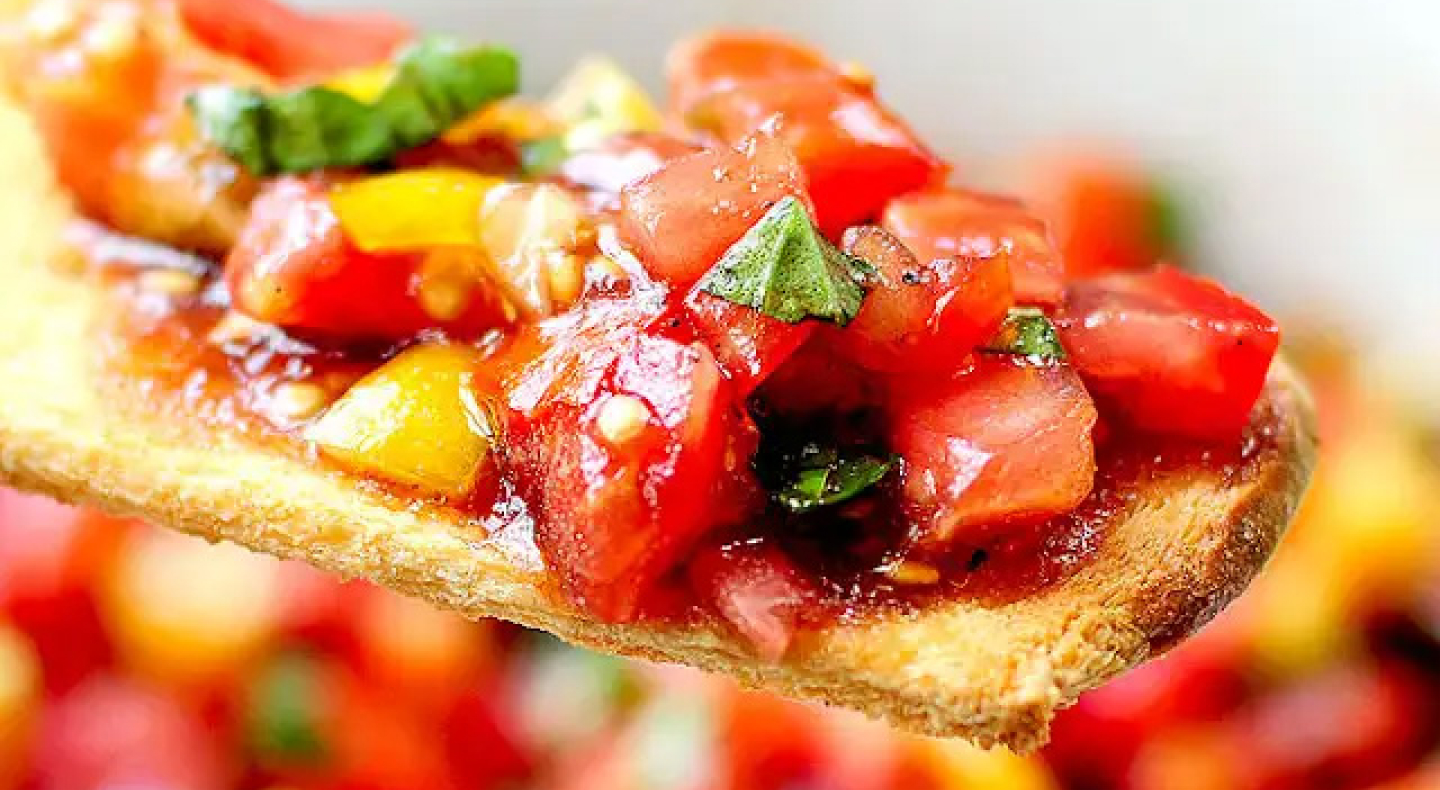 Bruschetta on a thin piece of bread.