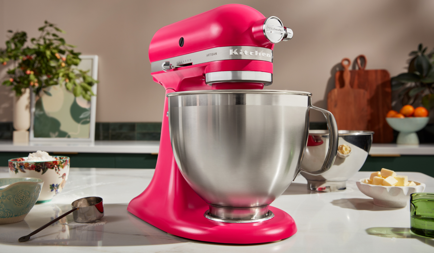 A pink KitchenAid® stand mixer