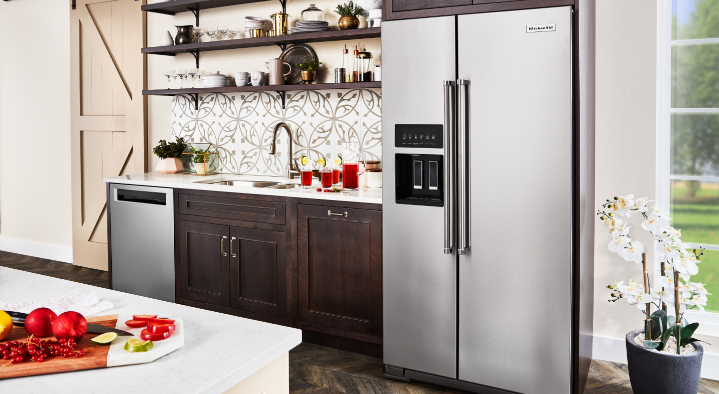 A stainless steel KitchenAid® refrigerator