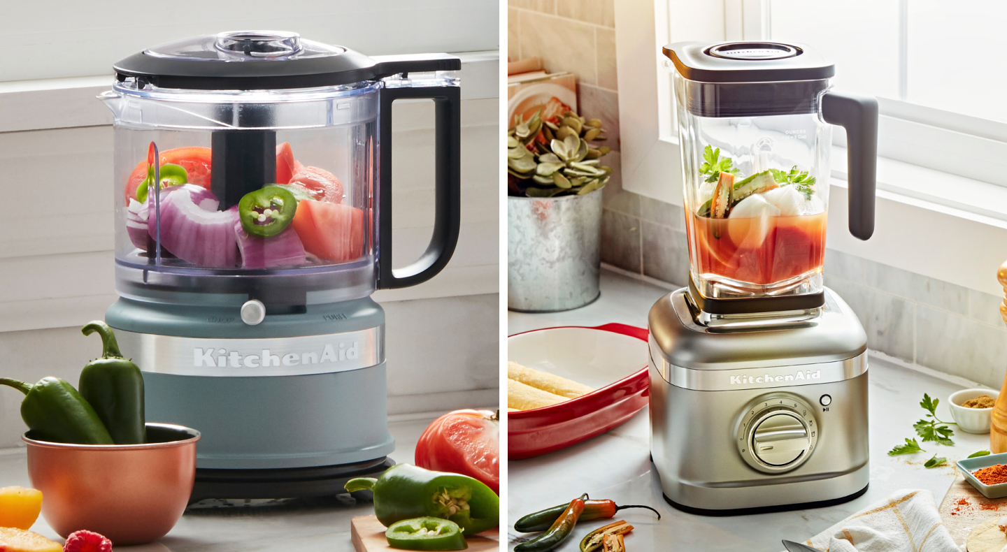 A KitchenAid® blender filled with salsa ingredients