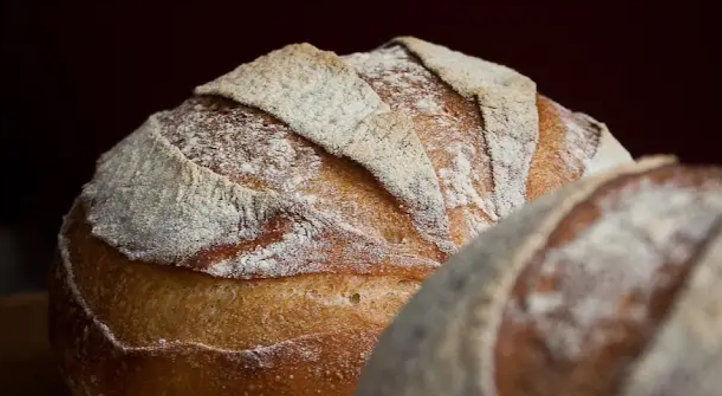 Close-up of baked sourdough bread scored and dusted with flour