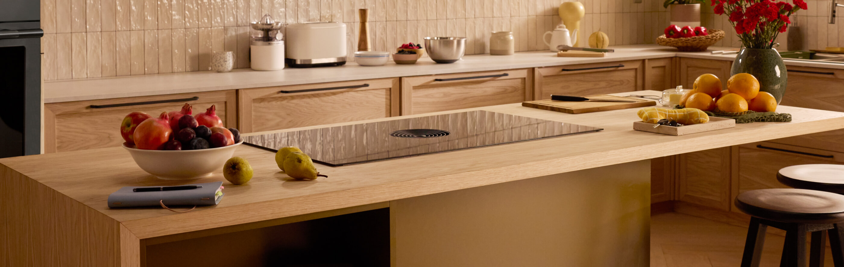 A modern kitchen with a wood island