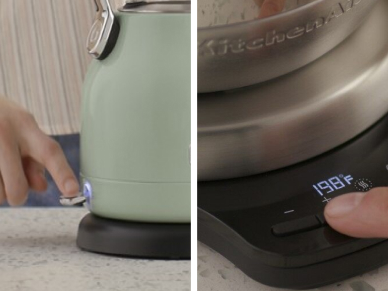 Close up of Maker turning on different types of electric kettles.