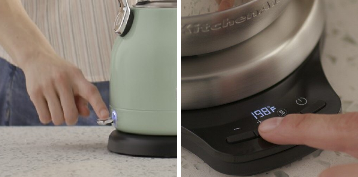 Close up of Maker turning on different types of electric kettles.