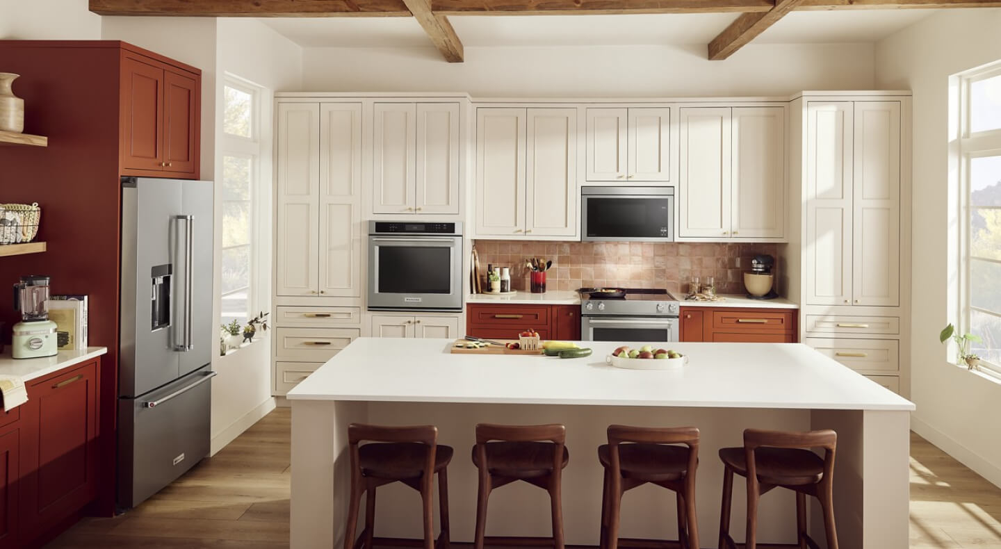 An L-shaped kitchen with an island