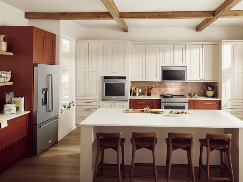 An L-shaped kitchen with an island