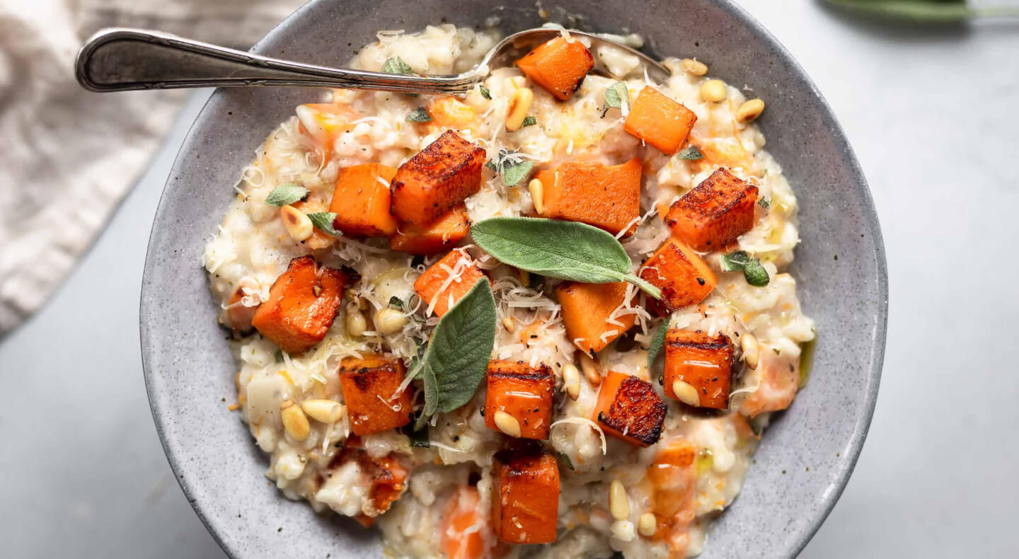 Rustic bowl of butternut squash and grains