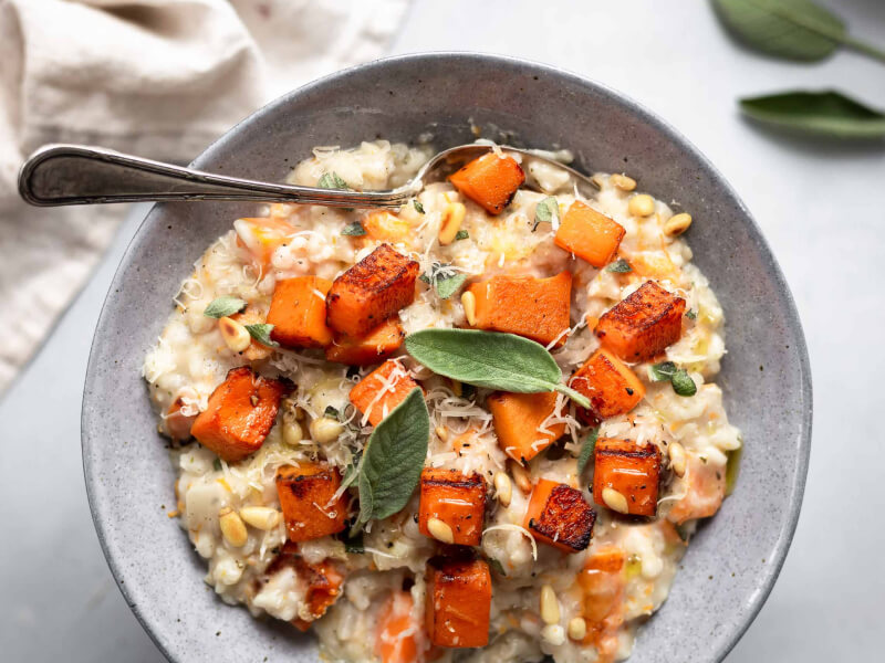 Rustic bowl of butternut squash and grains