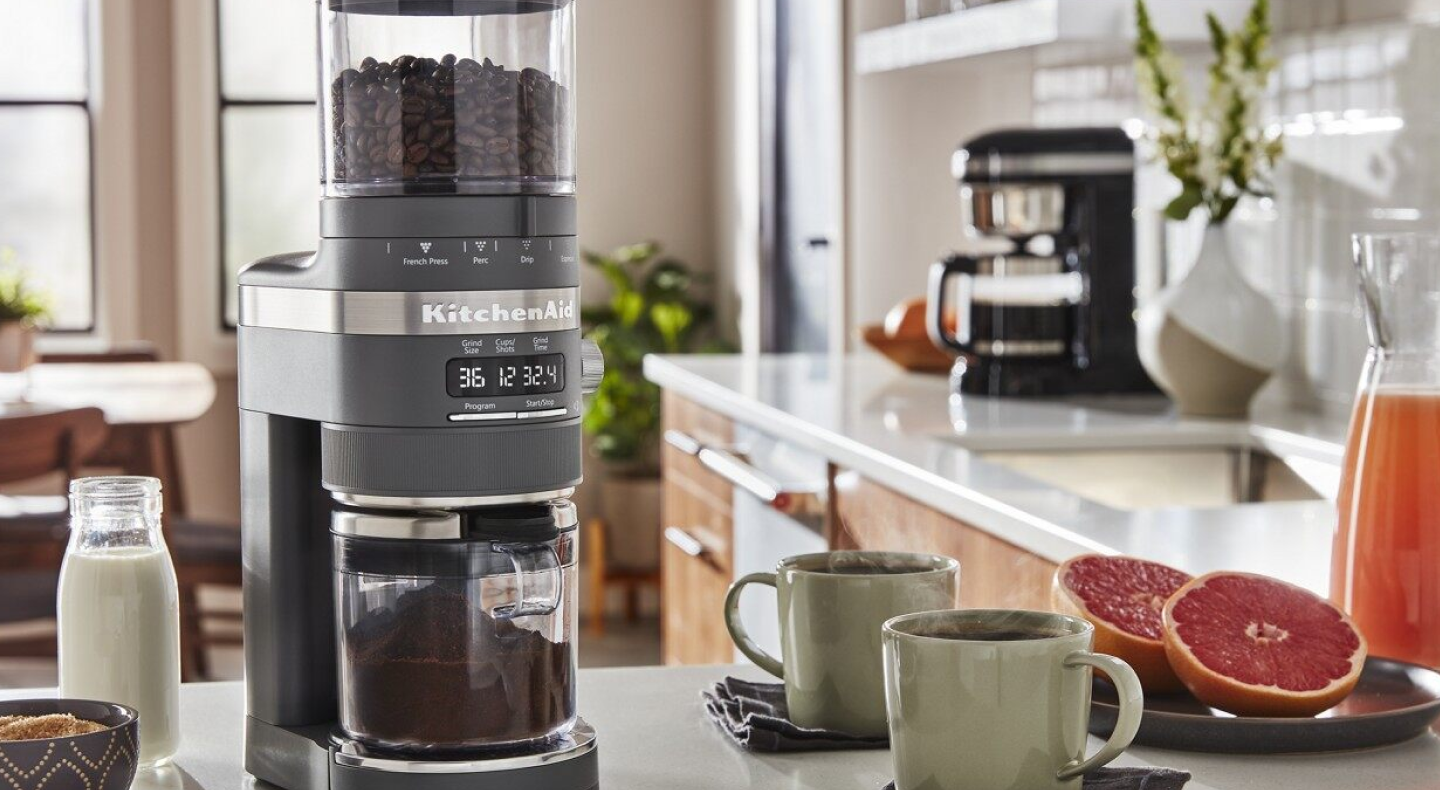 KitchenAid® coffee grinder filled with coffee beans