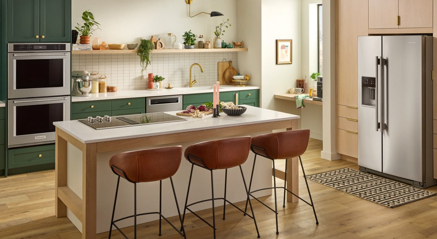 A side-by-side refrigerator in a modern kitchen