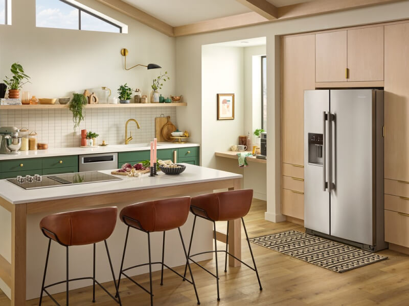 A side-by-side refrigerator in a modern kitchen