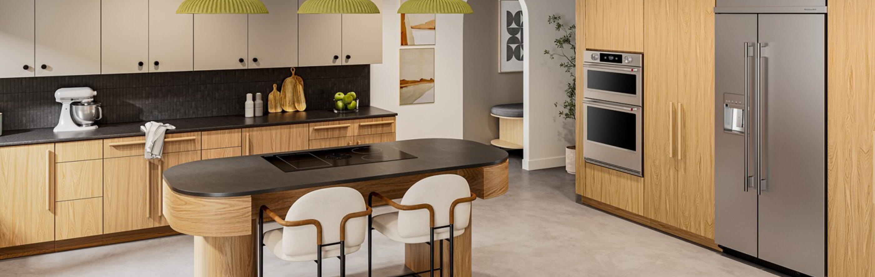 A side-by-side refrigerator in a modern kitchen
