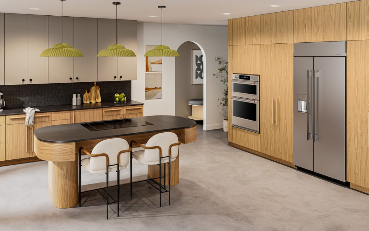 A side-by-side refrigerator in a modern kitchen
