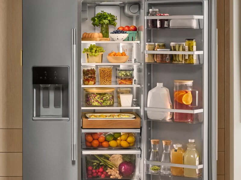 An open side-by-side refrigerator with many food items stored in the door