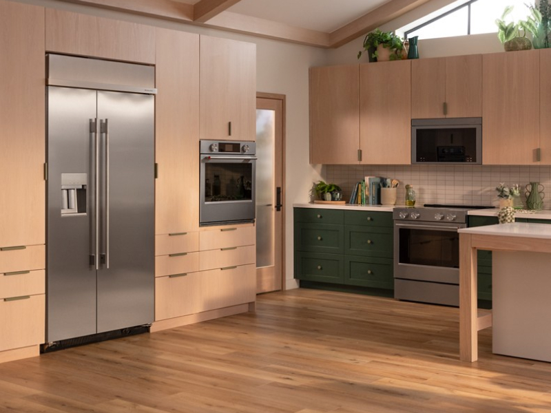 A built-in side-by-side refrigerator in a modern kitchen