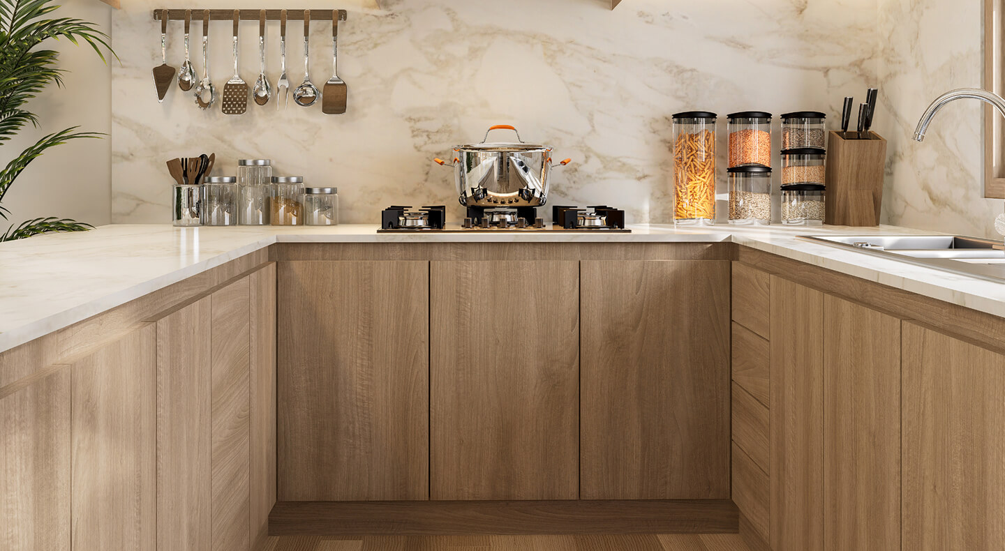 Light brown cabinetry with no handles on cabinets or drawers